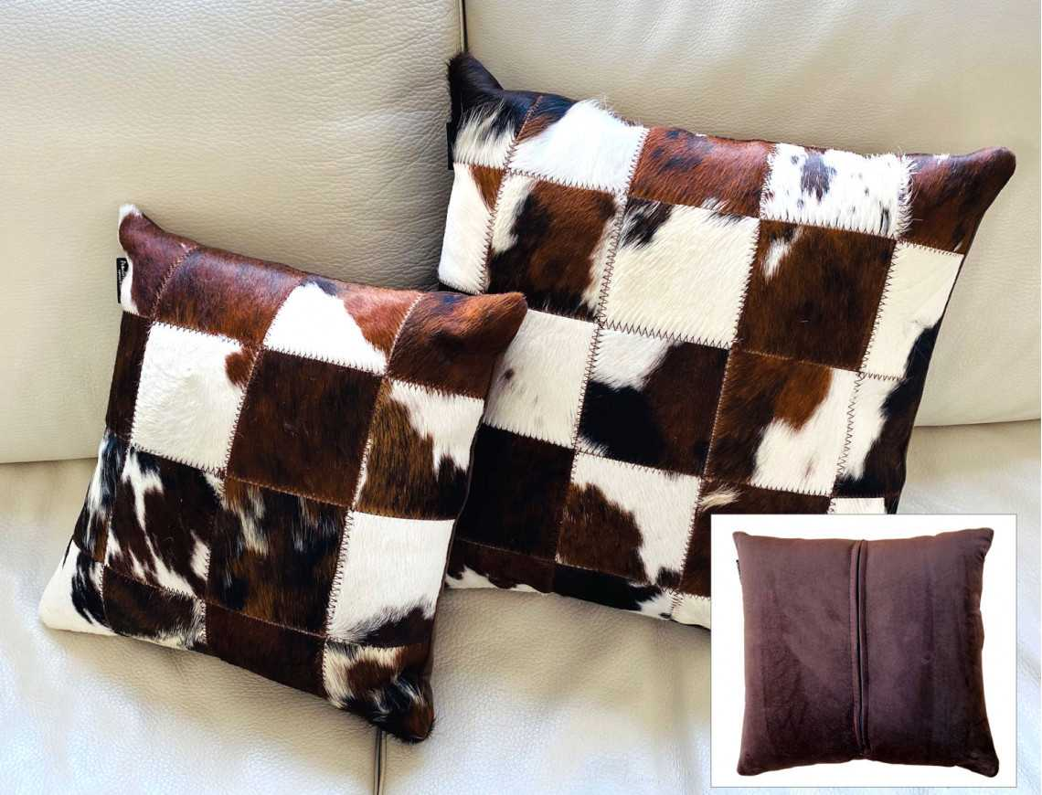 Coussin patchwork en peau de vache Normande simple face avec face arrière en tissu