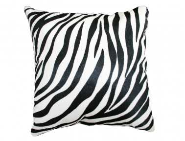 Zebra printed cowhide cushion, one side full grain cowhide, one side in black fabric