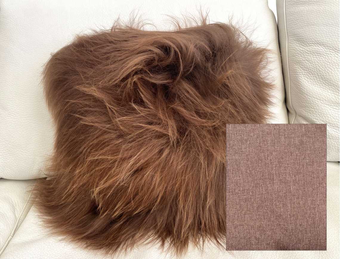 Coussin en mouton Islandais marron méché naturel SIMPLE FACE, face arrière en tissu