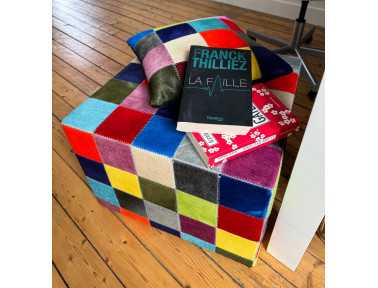 Elmer Patchwork Pouf in Solid Multi-Colored Cowhide