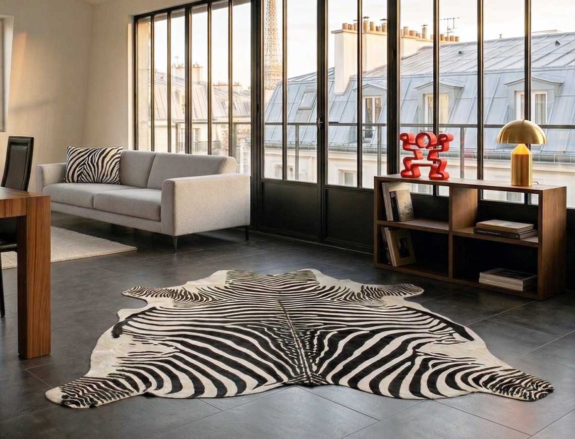Peau de vache imprimée Zèbre sur fond blanc dans un loft à Paris