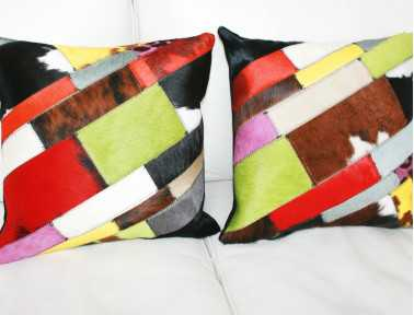 Multicolored Cowhide Patchwork Strip Cushion