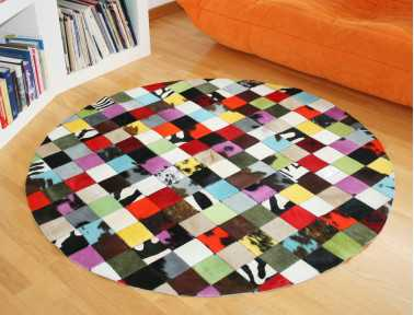 Elmer Round Patchwork Rug in Multi-Colored Cowhide