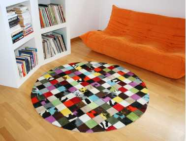 Elmer Round Patchwork Rug in Multi-Colored Cowhide