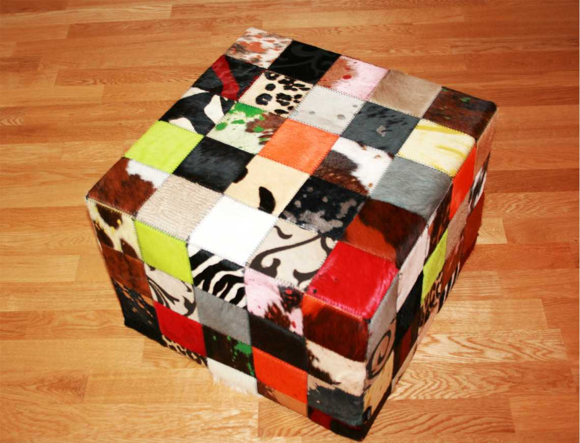 Elmer Patchwork Pouf in Multicolored Cowhide