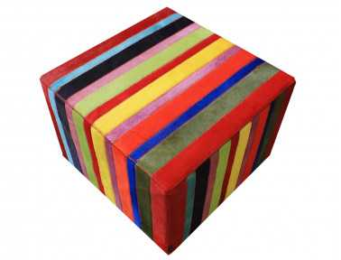 Pouf in patchwork of strips of plain multi-colored cowhide