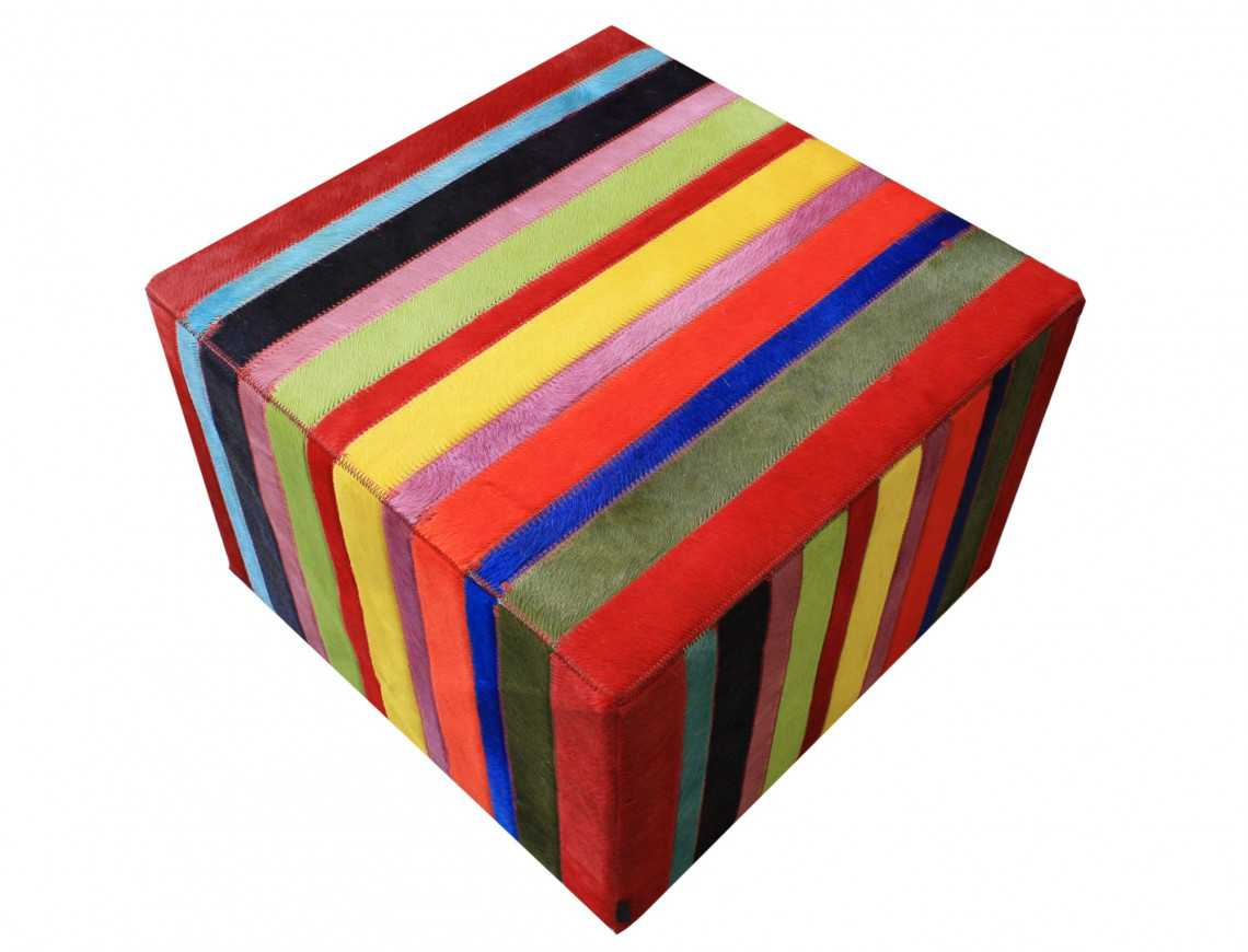 Pouf in patchwork of strips of plain multi-colored cowhide