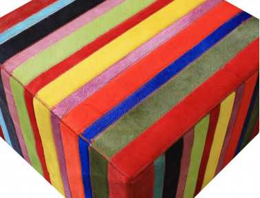 Pouf in patchwork of strips of plain multi-colored cowhide