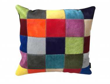 Patchwork cushion in uniformly dyed cowhide SINGLE SIDED