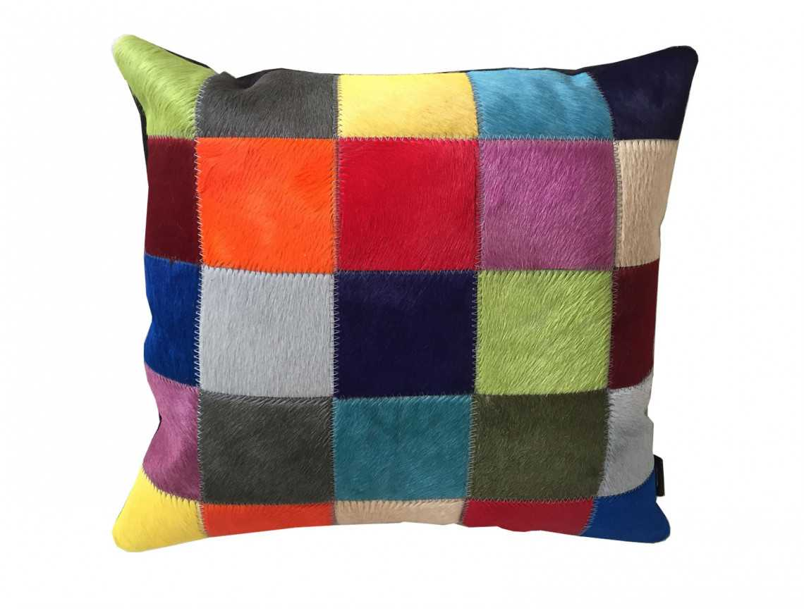 Patchwork cushion in uniformly dyed cowhide SINGLE SIDED